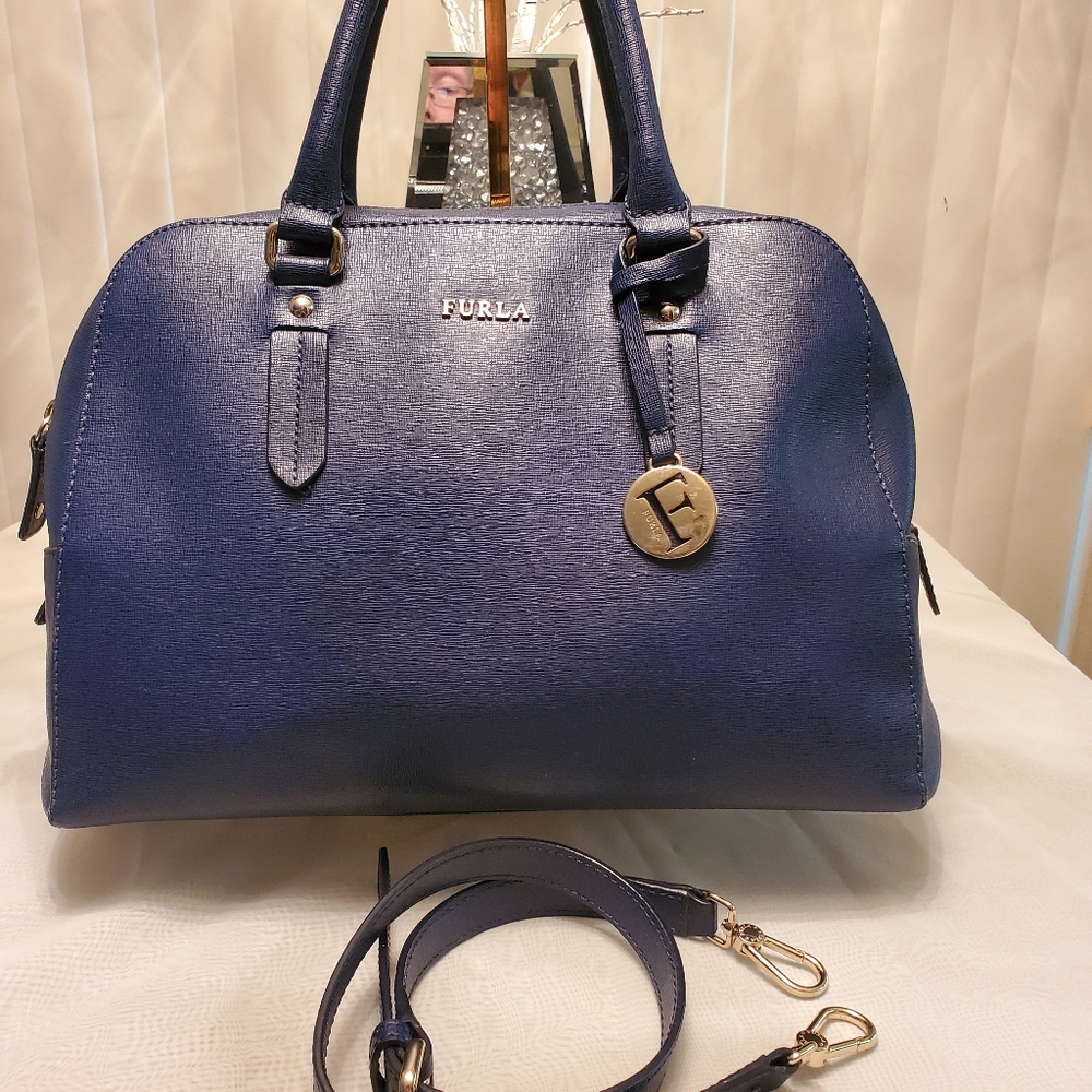 👜FURLA LIGHT INK BLUE SAFFIANO BOSTON/SATCHEL HANDBAG          EUC